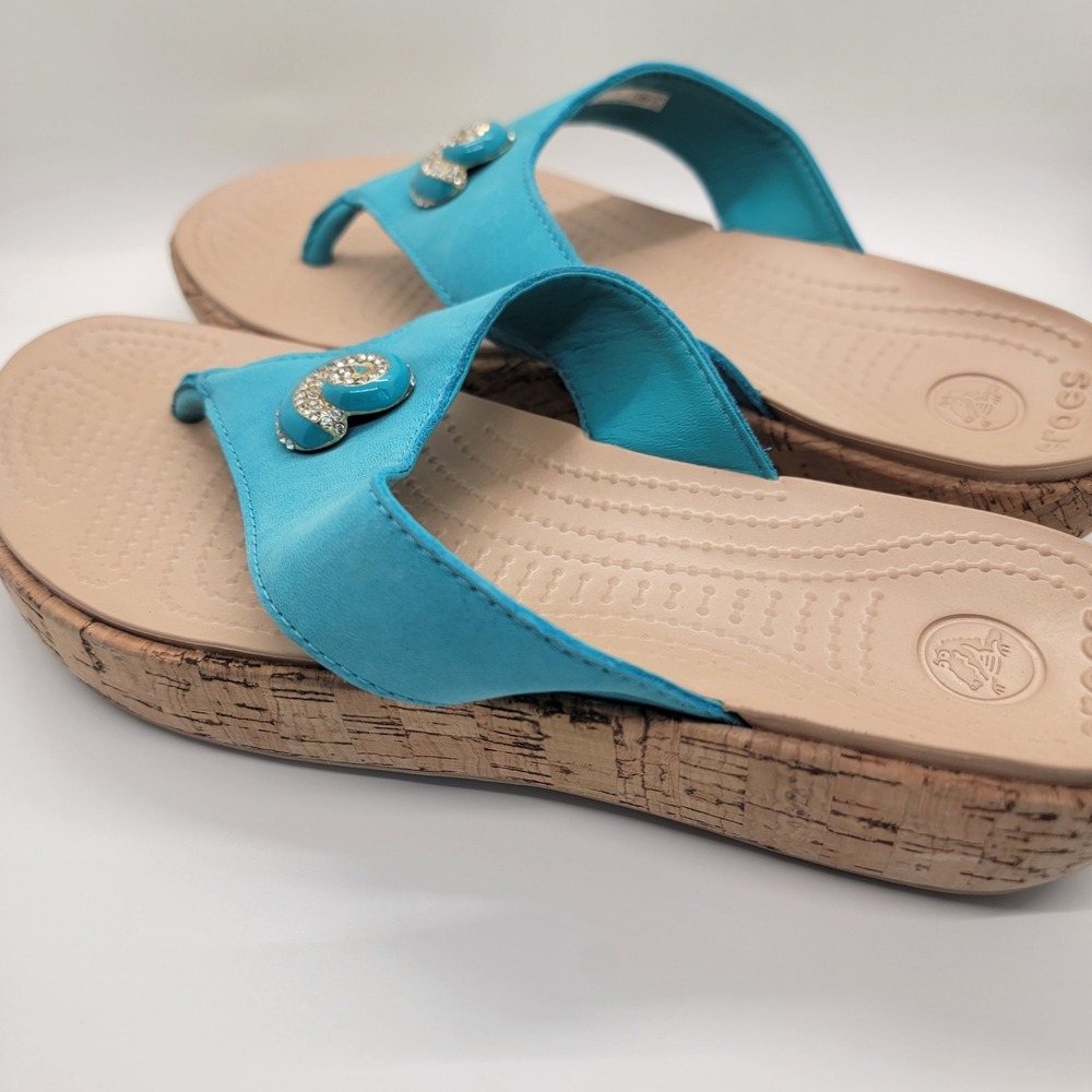 Crocs A-Leigh Jewel Wedge Flip Flops Women 7 Turquoise Leather Rhinestone Sandal - Picture 8 of 11